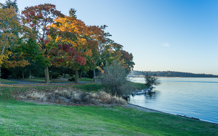 Autumn colors are on display on the shoreline of Lake Washington in Seattle.の写真素材