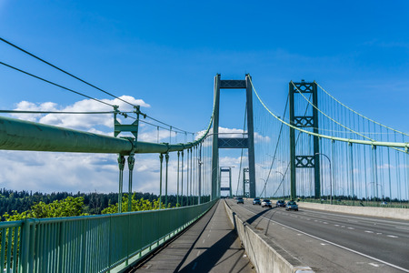 Two suspension bridges known as the Narrows Bridge in Tacoma, Washington.の写真素材