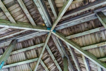Looking up at a roof in a park gazebo in Renton, Washington.の写真素材