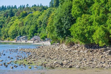 Boats are anchored near shoe in Des Moines, Washington.