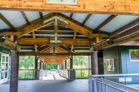 A close-up shot of wooden roof rafters.の写真素材