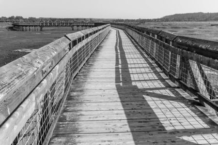 A view of the mud flats and boardwalk at the Nisqually Wetlands near Olympia, Washington.の写真素材