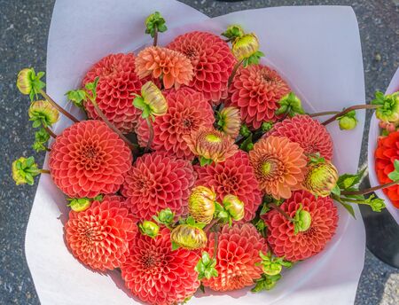 Orange flowers in a bucked at an outdoor market.の写真素材