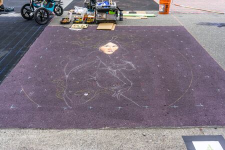 REDMOND WA., USA  -AUGUST 16,  2019: The firsft day of Chalkfest event. A view of the beginnigs of artistiic expressions.のeditorial素材
