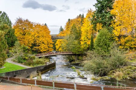 The Deschutes River flows beneath bridges in Tumwater, Washington.の写真素材