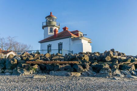 A view of a lighthouse in West Seattle, Washington.の写真素材