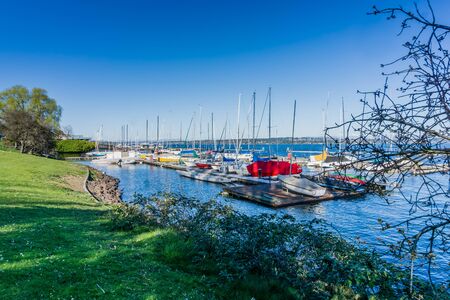 A veiw of the Leschi marina boats in Seattle, Washington.