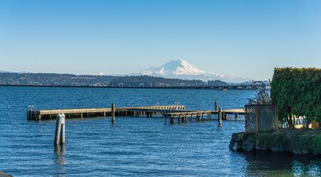 A view of Mount Rainier across Lake Washington near Seattle.