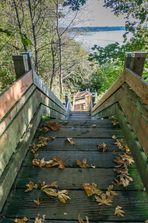 Steep wooden stairs lead down to the water in Normandy Park, Washington.