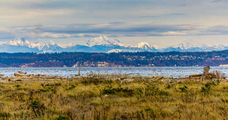 A view of grass an mountains from Port Townsend, Washington.