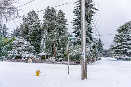 Snow coveres a neighborhood in Burien, Washington.の写真素材