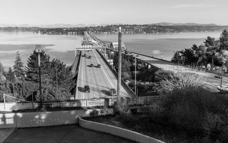 Floating bridges cross Lake Washington in Seattle.の写真素材