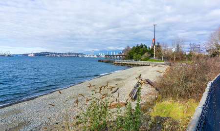 A view of the Seattle skyline from Jack Block Park in West Seattle, Washington.の写真素材