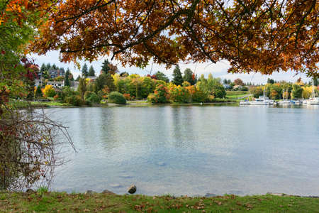 Lake Washington shoreline in autumn near Seattle.の写真素材