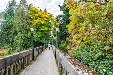 A walking bridge at the Washington Park Arboretum in Seattle, Washington.の写真素材