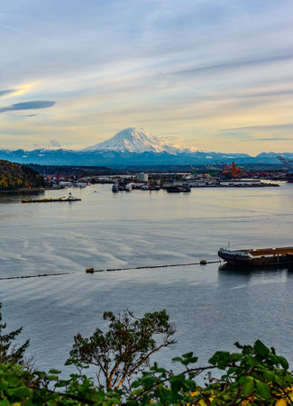 The Port of Tacoma and Mount Rainier in Washington State.の写真素材