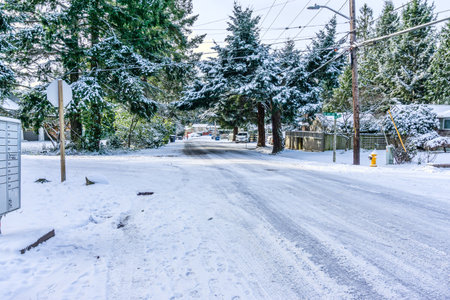 Snow covers a street in Burien, Washington.の写真素材