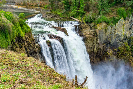 Roaring and misty Snoqualmie Falls in Washington State.の写真素材