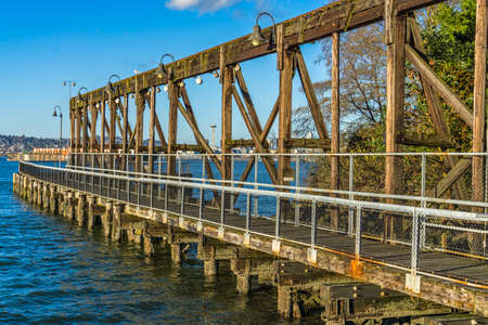 A wooden pier at Jack Block Park in West Seattle, Washington.の写真素材