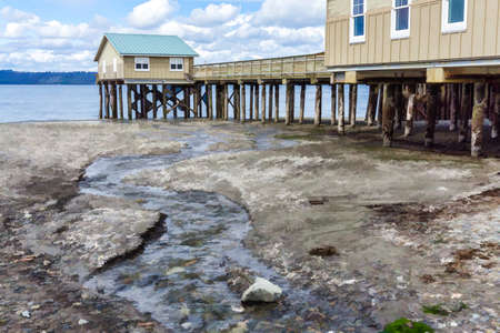 Photo illustration of a pier and stream at Redondo Beach, Washington.の写真素材