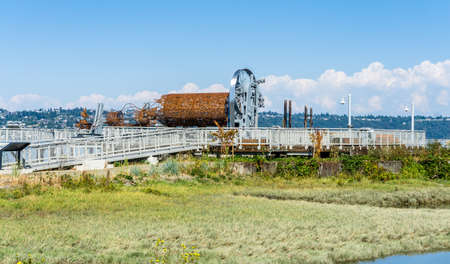 A wooden fishing pier in Ruston near Tacoma, Washington.の写真素材