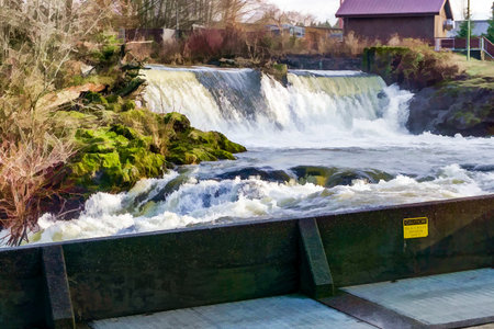 Waterfalls at Brewery Park in Tumwater, Washington.の写真素材
