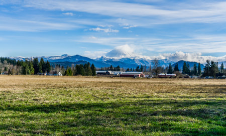 A view of the countryside and Mount Rainier in Enumclaw, Washington.