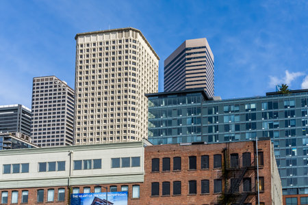 Historic and modern buildings in Seattle, Washington.の写真素材