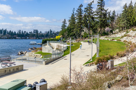 Meydenbauer Bay Park on the waterfront in Bellevue, Washington.の写真素材