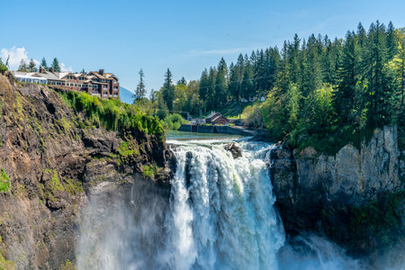 A view of the top of Snoqualmie Falls on a powerful day in Washington State.の写真素材