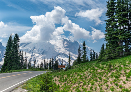 Viewpoint and road on the way to Mount Rainier in Washington State.の写真素材