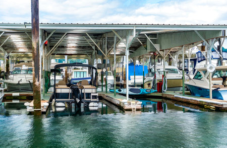 An illustration of covered boats at a marina in Gig Harbor, Washington.の写真素材