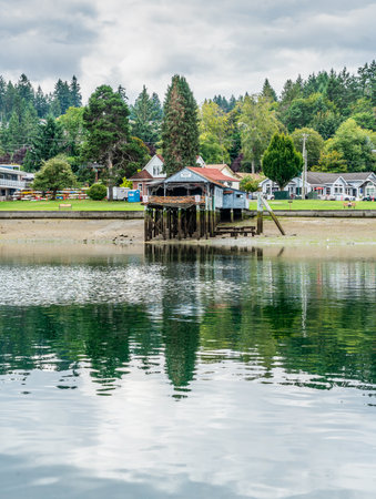 A view of an old building at the marina in Geig Harbor, Washington.