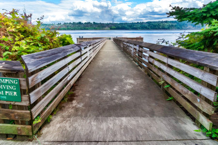 A view of a fishing pier on Fox Island in Washington State.の写真素材