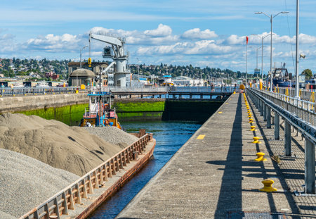 A view of the Ballard Locks in Ballard, Washington.の写真素材
