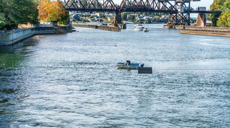 A view of the entrance to the Ballard Lock in Ballard, Washington.