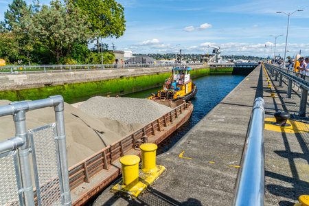 A view of the Ballard Locks in Ballard, Washington.の写真素材