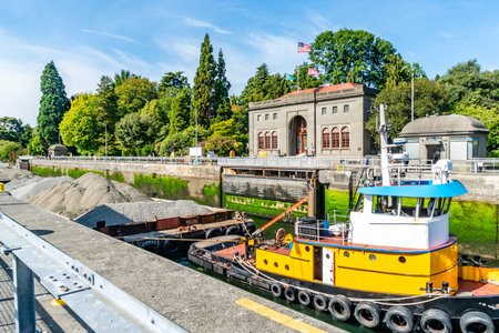 A view of the Ballard Locks in Ballard, Washington.の写真素材