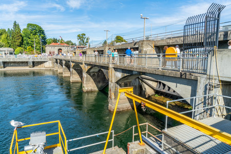 A view of a walkway at the Ballard Locks in Ballard, Washington.