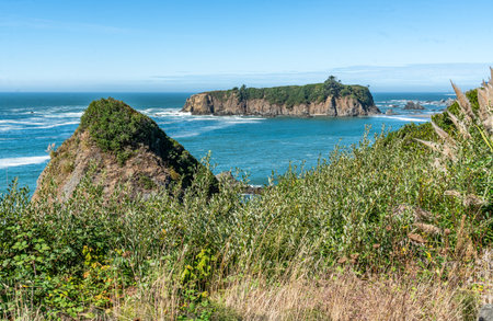 A view of rock formations from Chetco Point in Brookings, Oregon.の写真素材