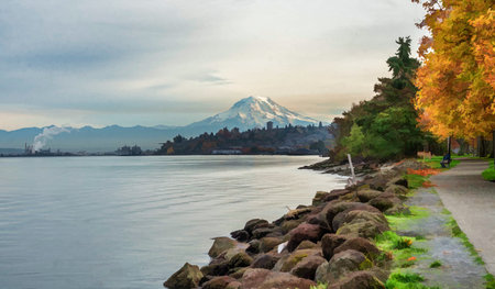 A view of Mount Rainier on an overcast day  from Ruston, Washington.