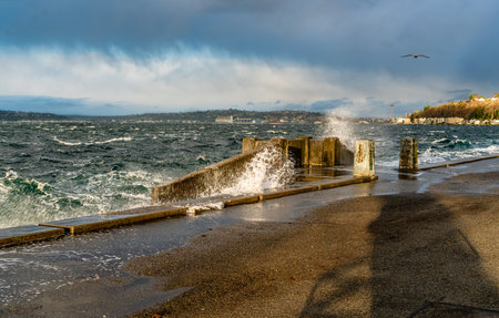 A vave explodes onto the sea wall at Alki Beach in West Seattle, Washington.の写真素材