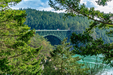 A view from below the bridge at Deception Pass in Washington State.の写真素材