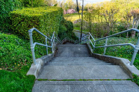 A view from above steep stairs in West Seattle, Washington.