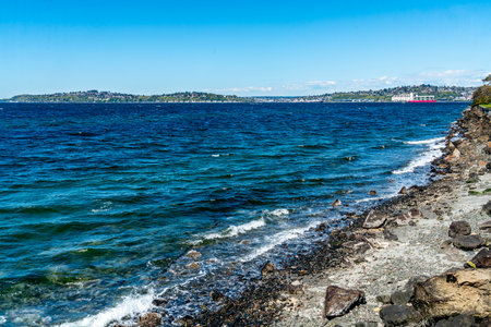 A view of Seattle, Washington across Elliott Bay.の写真素材