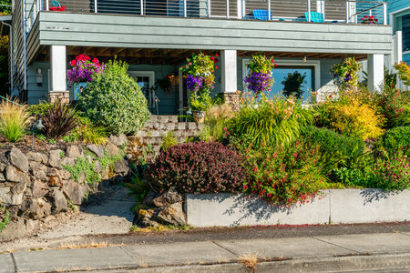 A colorful garden in the fromt of a home with a view at Redondo Beach in Washington State.