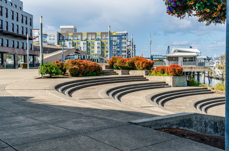 Circular steps at the waterfront in Tacoma, Washington.の写真素材