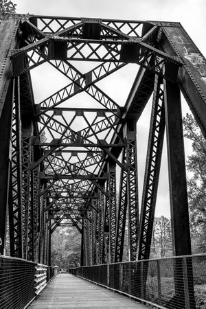 A view of the Reinig pedestrian bridge in North Bend, Washington.の写真素材