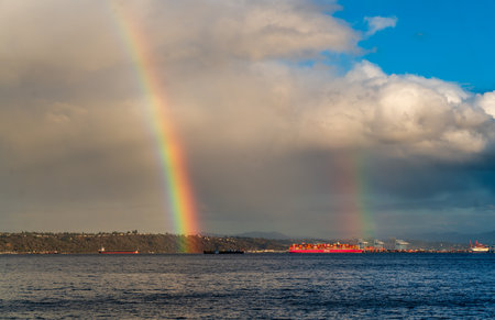 Brilliant rainbow over the water in Ruston, Washington.の写真素材