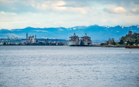 Large ships moored in Ruston, Washington.の写真素材